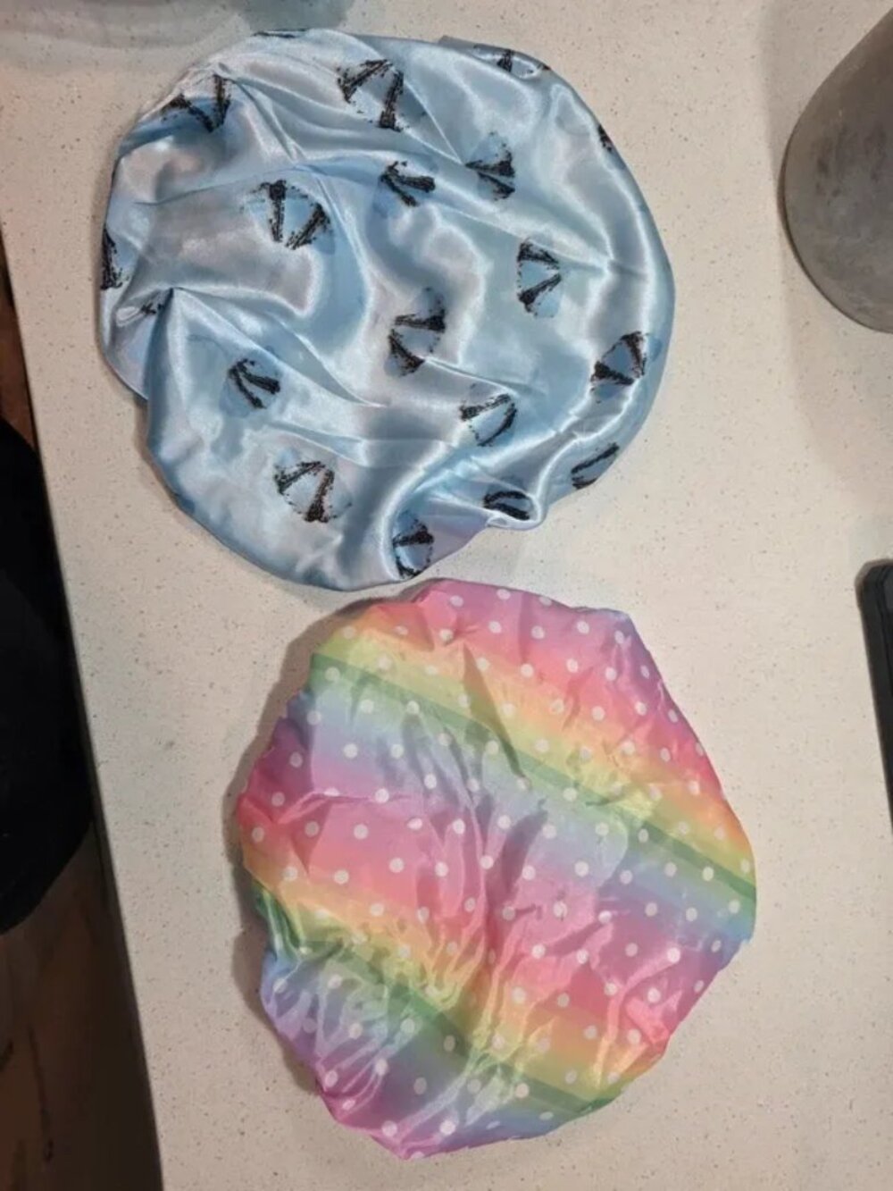 Satin sleep bonnets and shower cap, tie-dye rainbow and blue lamp print patterns